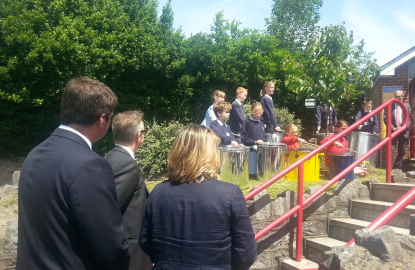 Michael Gove and Kevin Foster welcomed to Ellacombe by the School's Samba Band.