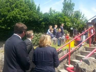 Michael Gove and Kevin Foster welcomed to Ellacombe by the School's Samba Band.